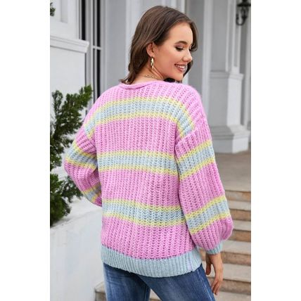 Pink Contrast Striped Open Front Cable Cardigan
