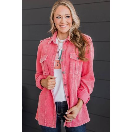 Pink Buttoned Flap Pocket Corduroy Jacket