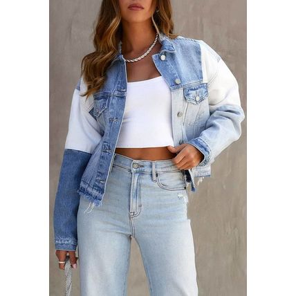 Sky Blue Color Block Denim Patchwork Frayed Hem Jacket