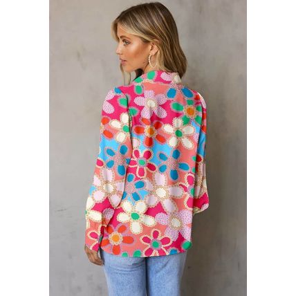 Multicolor Floral Print Bubble Sleeve Shirt