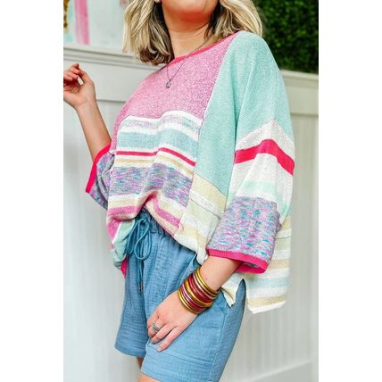 Pink Color Block Striped Three-Quarter Sleeve Knitted Top