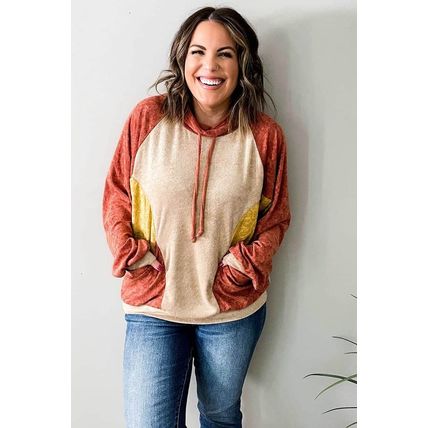 Orange Plus Size Colorblock Raglan Hoodie with Pockets