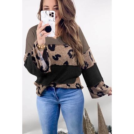 Multicolour Colorblock Patchwork V-Neck Loose Sleeve Knit Top