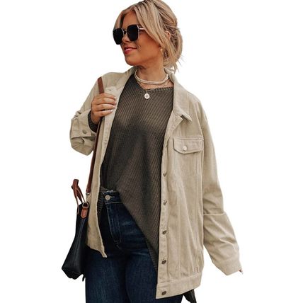 Khaki Plus Size Crochet Pattern Back Corduroy Jacket
