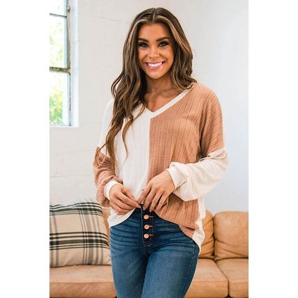 Apricot Color Block Wide Ribbed V Neck Top