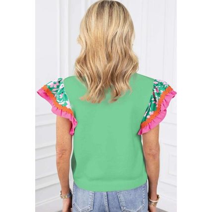 Light Green Contrast Ricrac Floral Sleeve Top