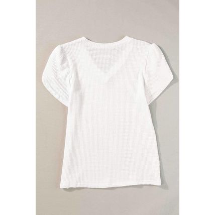 White V Neck Petal Sleeve Waffle Knit T-Shirt