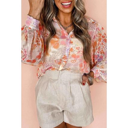 White Floral Print Collared Balloon Sleeve Loose Shirt