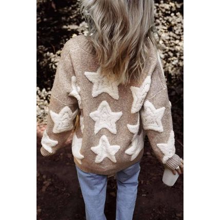 Khaki Sherpa Star Pattern Textured Sweater Cardigan with Pockets