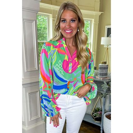 Green Abstract Print Ruffled Sleeve Buttoned V Neck Blouse