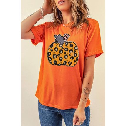 Orange Halloween Leopard Pumpkin Crew Neck Graphic Tee
