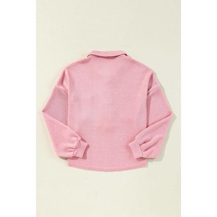 Pink Ribbed Knit Collared Henley Top with Chest Pocket