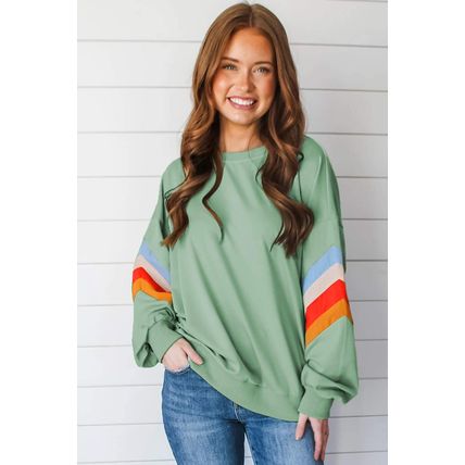 Moonlight Jade Rainbow Striped Sleeve Crew Neck Loose Sweatshirt