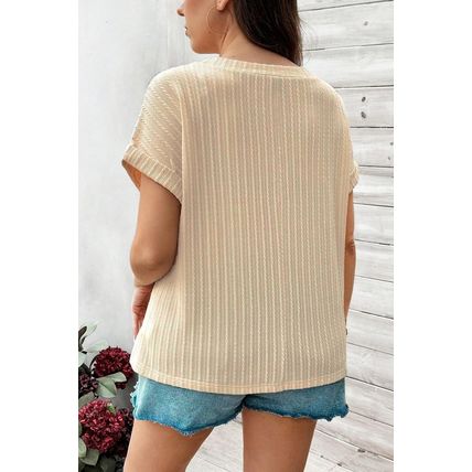 Beige Lace Crochet Patched Cable Textured Cuffed Short Sleeve Plus Size Top