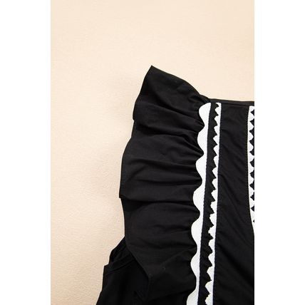 Black Contrast Ricrac Trim Ruffled V Neck Peplum Top