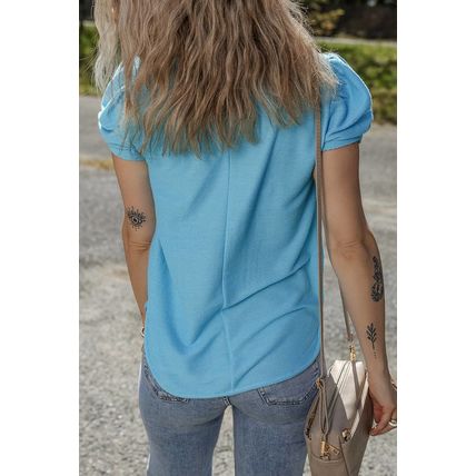 Light Blue Bubble Sleeve Solid Color Elegant T-Shirt