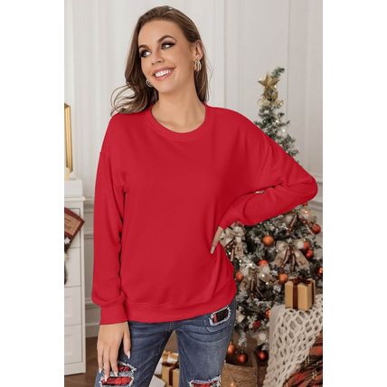 Red Plain Crew Neck Pullover Sweatshirt