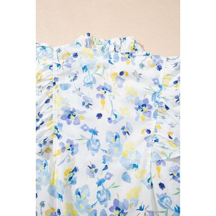 Sky Blue Floral Print Frilled Notched V Neck Blouse