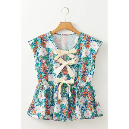 Green Floral Print Bow Applique Slit Sleeveless Peplum Blouse