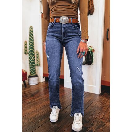 Real Teal Folded Cuffs Distressed Straight High Waist Jeans