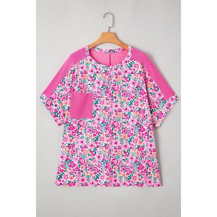 Pink Plus Size Floral Print Corded Patchwork Loose Top