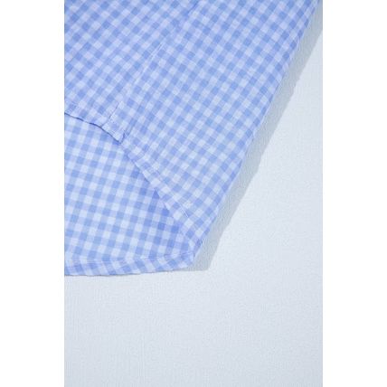 Light Blue Gingham Short Puff Sleeve Button Up Shirt