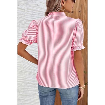 Pink Stripe Notched Neck Frilled Short Puff Sleeve Blouse