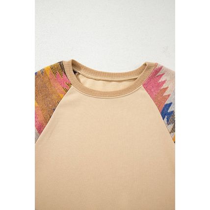 Light French Beige Aztec Patchwork Raglan Pullover Sweatshirt
