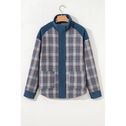 Gray Plaid Corduroy Patchwork Collared Zip Up Snap Button Jacket