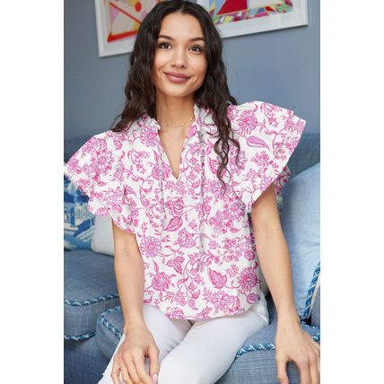Pink Baroque Floral Ruffle Sleeve V Neck Blouse Top