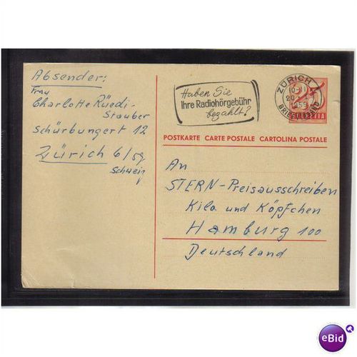 1959 SWITZERLAND PREPAID POSTCARD 25C ZURICH 1 PMK