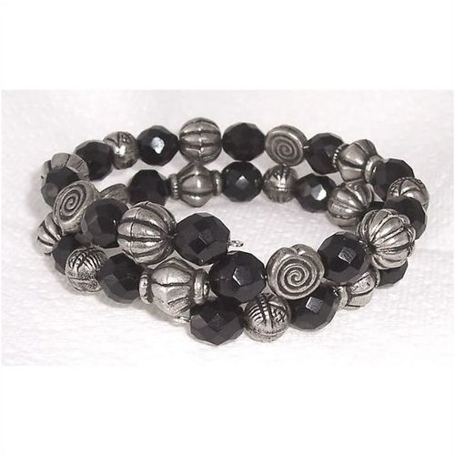 Bracelet #jb008 memory wire black & metal beads 16.5 inch unisex fashion jewelry
