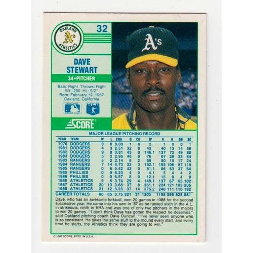 1989 Score Dave Stewart baseball card #32 – Athletics