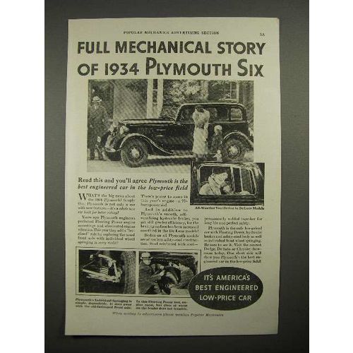 1934 Plymouth Six Car Ad - Mechanical Story