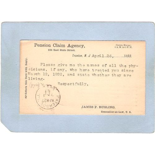 New Jersey Trenton Penny Post Card April 26 1893 Pension Claim Agency 224 ~3365