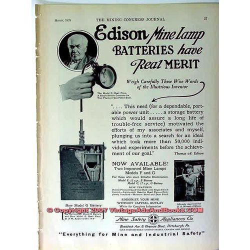 MINE SAFETY APPLIANCES COMPANY 1928 Edison Lamp Batteries vintage ad