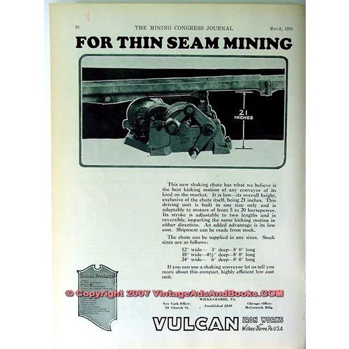 VULCAN IRON WORKS 1928 Thin Seam Mining coal mine equipment vintage ad