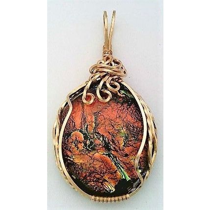 Orange Green Dichroic Glass Bronze Wire Wrap Pendant 3