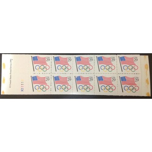 US Stamp #BK186 mint OP: 1991 29c Flag with Olympic Rings booklet of 10 (2538a)