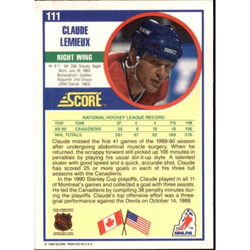 1990/91 Score Hockey Claude Lemieux