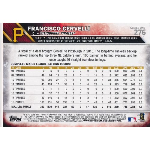2016 Topps Baseball 276 Francisco Cervelli Pittsburgh Pirates