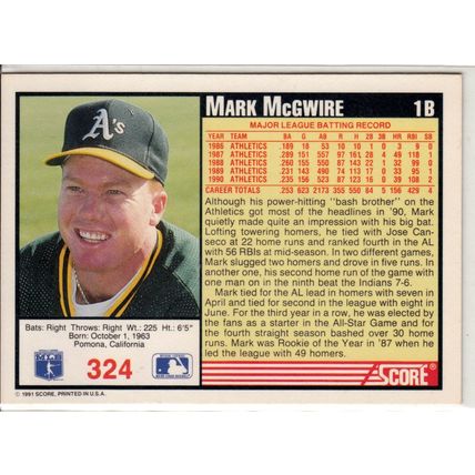 1991 Score Mark McGwire baseball card #324 –Athletics