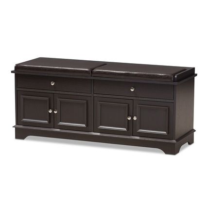 Shoe Storage Bench 2-Drawer 2-Cabinet Dark Brown Wood Cushion Top
