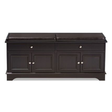 Shoe Storage Bench 2-Drawer 2-Cabinet Dark Brown Wood Cushion Top