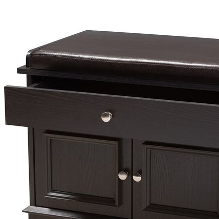 Shoe Storage Bench 2-Drawer 2-Cabinet Dark Brown Wood Cushion Top