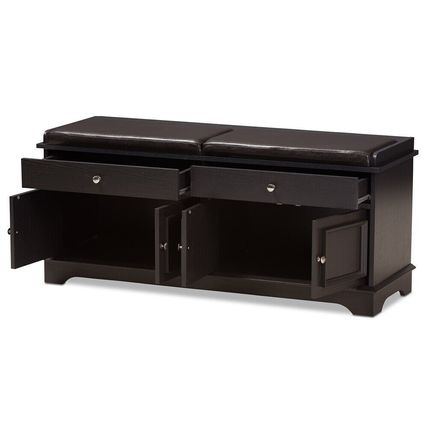 Shoe Storage Bench 2-Drawer 2-Cabinet Dark Brown Wood Cushion Top