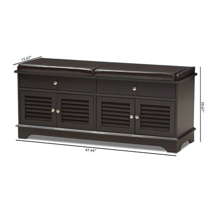 Shoe Storage Bench 2-Drawer 2-Cabinet Dark Brown Wood Cushion Top