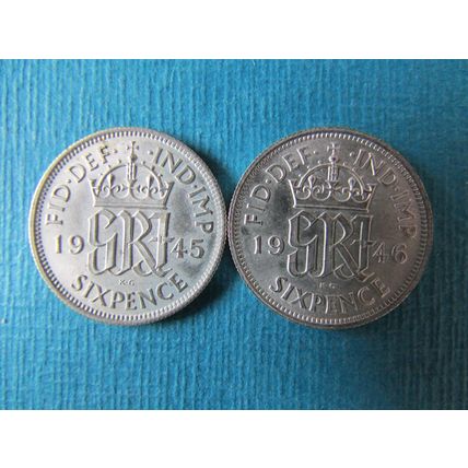 1945 & 1946 GEORGE VI TWO SILVER SIXPENCE. FREE POST