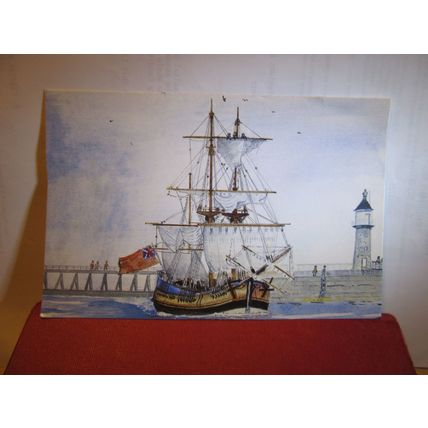 'THE ENDEAVOUR' ENTERING WHITBY, YORKSHIRE art by R D Pilcher large postcard =
