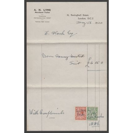 Three Receipts or Billheads - AH Lyne, Merchant Tailor, London, 1930-33